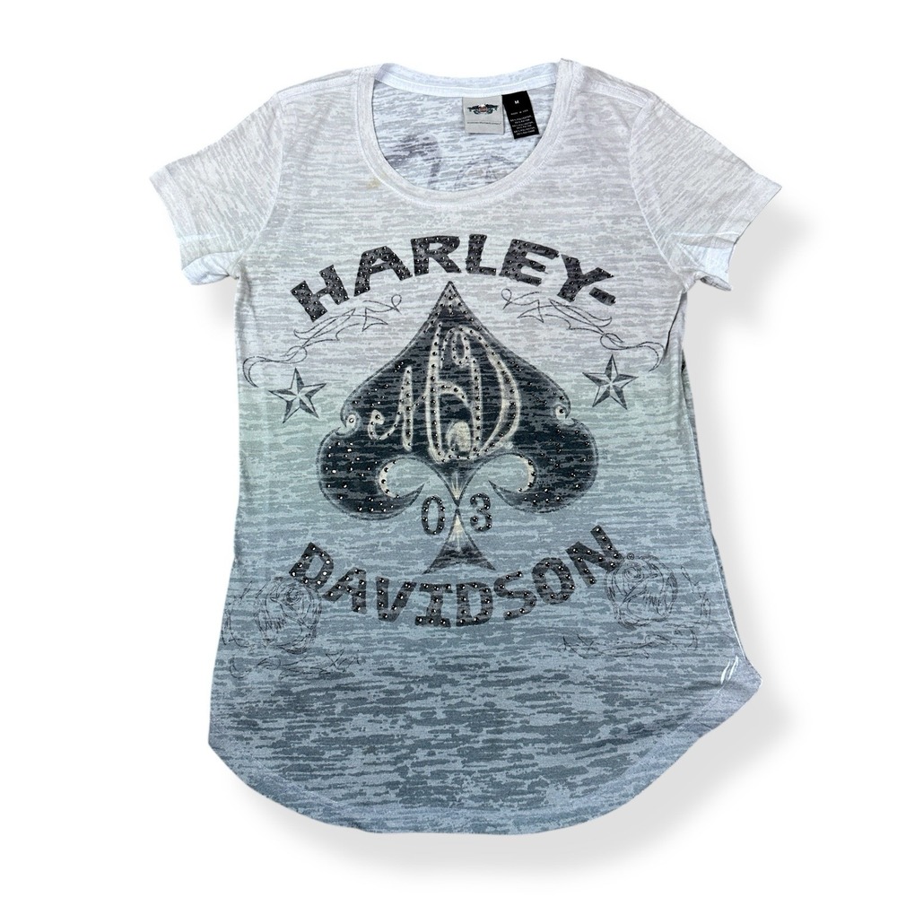 Harley Davidson Women's Ace Sheer Burnout T-Shirt Size Medium Slim Rhinestone‎